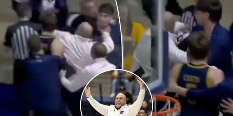 Notre Dame coach Micah Shrewsberry charged referee in wild scene after crushing loss