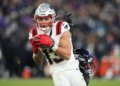 New England Patriots wide receiver Mack Hollins (13) running with the ball against the Baltimore Ravens.