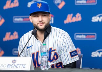 New York Mets infielder Bo Bichette speaks at his introductory press conference at Citi Field.