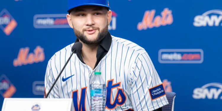 New York Mets infielder Bo Bichette speaks at his introductory press conference at Citi Field.