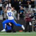 Los Angeles Rams wide receiver Puka Nacua (12) misses on a catch attempt during the first half of an NFL wild-card playoff football game against the Carolina Panthers, Saturday, Jan. 10, 2026, in Charlotte, N.C. (