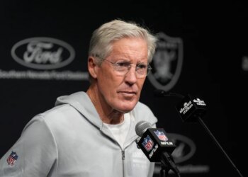 Las Vegas Raiders head coach Pete Carroll speaks at a news conference.