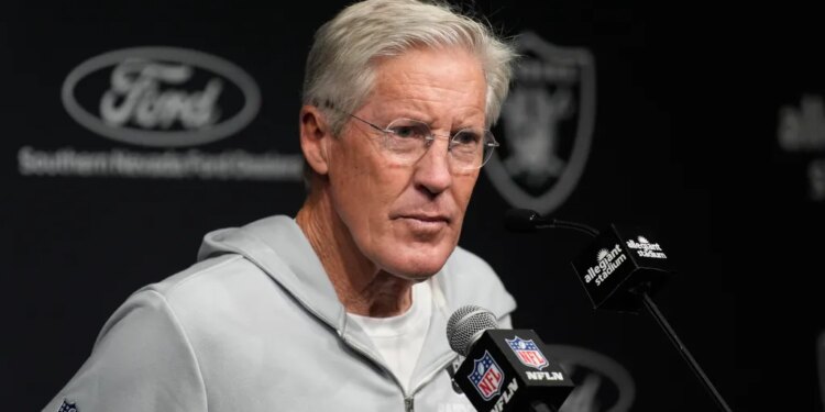Las Vegas Raiders head coach Pete Carroll speaks at a news conference.