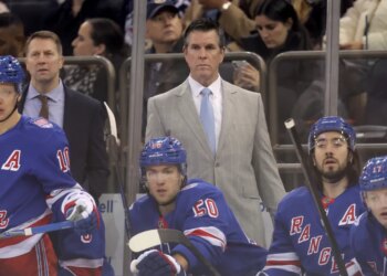 Head coach Mike Sullivan watches the action during the Rangers' loss to the Kraken on Jan. 12, 2026 at Madison Square Garden.