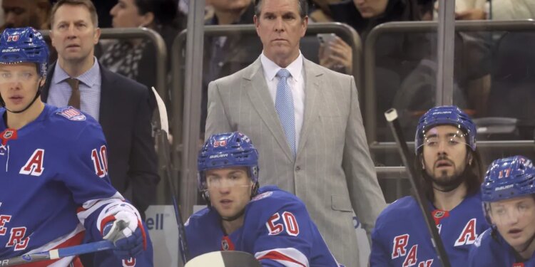 Head coach Mike Sullivan watches the action during the Rangers' loss to the Kraken on Jan. 12, 2026 at Madison Square Garden.
