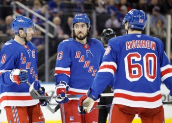 J.T. Miller and New York Rangers center Mika Zibanejad react on the ice during the second period at Madison Square Garden in New York, New York, Monday, January 14, 2026.