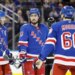 J.T. Miller and New York Rangers center Mika Zibanejad react on the ice during the second period at Madison Square Garden in New York, New York, Monday, January 14, 2026.