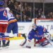 New York Rangers goaltender Jonathan Quick #32 reacts after giving up a goal to New York Islanders defenseman Carson Soucy #4 during the second period.