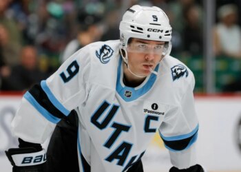 Utah Mammoth right wing Clayton Keller (9) on the ice.