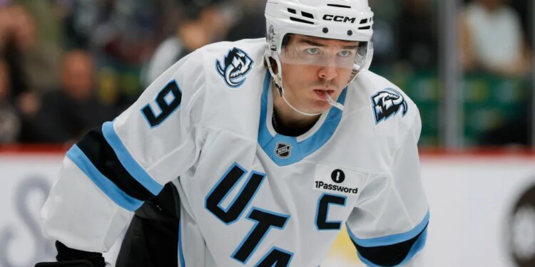 Utah Mammoth right wing Clayton Keller (9) on the ice.