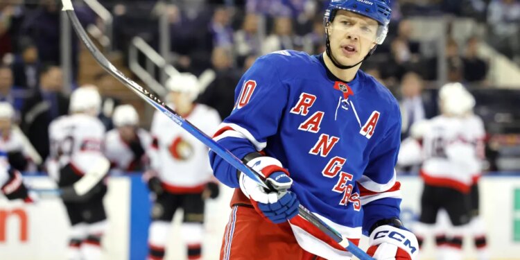 Artemi Panarin, left wing for the New York Rangers, reacting to a call during the third period of a game against the Ottawa Senators.
