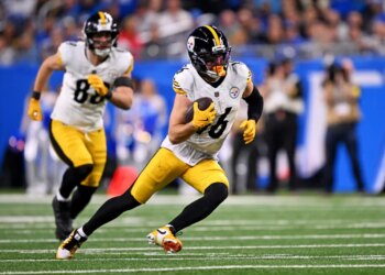 Pittsburgh Steelers wide receiver Adam Thielen (16) running with the ball against the Detroit Lions.