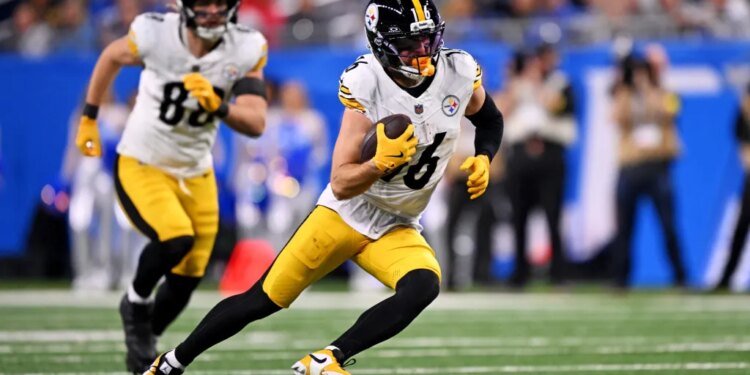 Pittsburgh Steelers wide receiver Adam Thielen (16) running with the ball against the Detroit Lions.