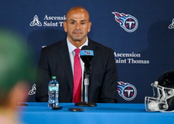 Tennessee Titans head coach Robert Saleh answers questions during a press conference.