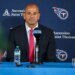 Tennessee Titans head coach Robert Saleh answers questions during a press conference.
