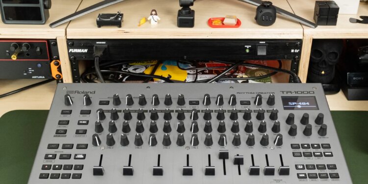 A wider shot of the TR-1000 on a desk alongside a Push 3 and a Chase Bliss Lost + Found.