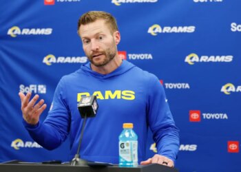 Los Angeles Rams head coach Sean McVay answers questions after a playoff game.
