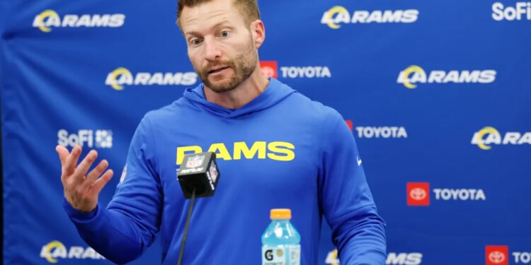Los Angeles Rams head coach Sean McVay answers questions after a playoff game.