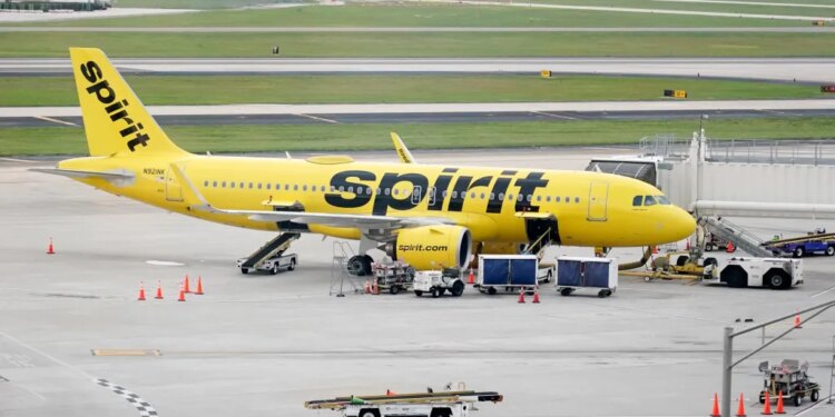 A yellow Spirit Airlines airplane at Tampa International Airport.