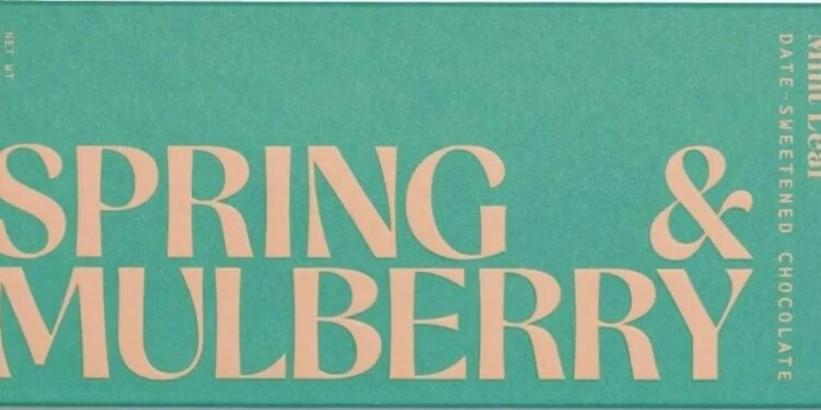 Teal-colored Spring & Mulberry Mint Leaf Date Sweetened Chocolate Bar packaging.