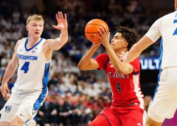 St. John's Red Storm guard Oziyah Sellers (4) shooting the ball against Creighton Bluejays guard Josh Dix (4) and guard Fedor Žugić (7).