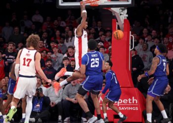 St. John's Red Storm forward Dillon Mitchell #1 dunks the ball during a game against Seton Hall Pirates.