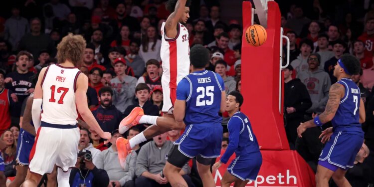 St. John's Red Storm forward Dillon Mitchell #1 dunks the ball during a game against Seton Hall Pirates.