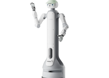 The Onero H1, a cylindrical robot on wheels with a humanoid upper half including arms and a face.