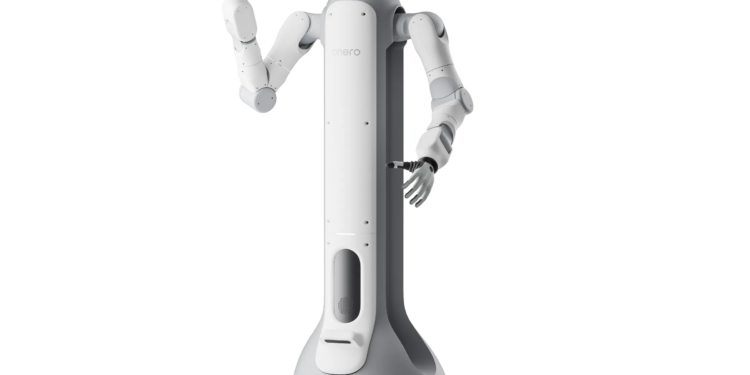 The Onero H1, a cylindrical robot on wheels with a humanoid upper half including arms and a face.
