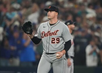 A baseball player in a gray "Detroit 29" jersey, black cap, and black glove holds a baseball.