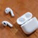 A hands-on photo of Apple’s AirPods 4 wireless earbuds.