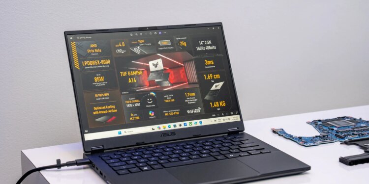 Spotted at CES: Asus stuck a Strix Halo into its budget TUF gaming laptop line. Asus wouldn’t say price just yet.