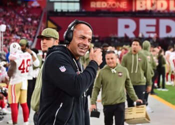 San Francisco 49ers defensive coordinator Robert Saleh reacts to a play.