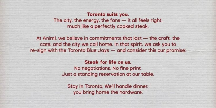 A letter from Animl Steakhouse & Cocktail Den offering Bo Bichette "Steak for life" if he re-signs with the Toronto Blue Jays.