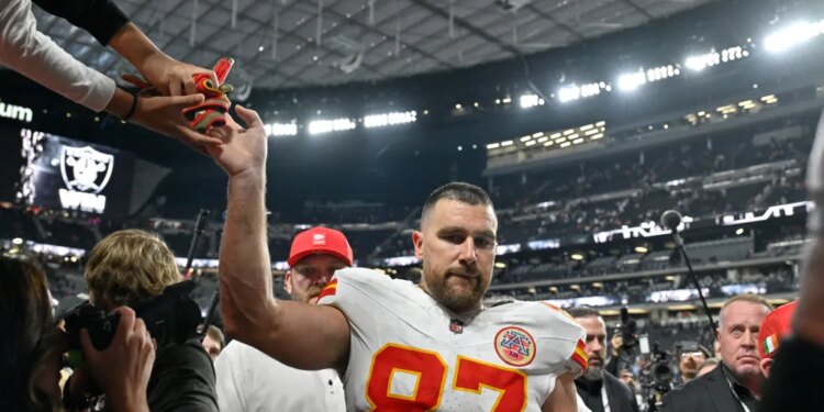Kansas City Chiefs tight end Travis Kelce heads off the field following an NFL football game against the Las Vegas Raiders Sunday, January 4, 2026, in Las Vegas.
