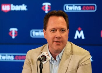 Minnesota Twins president of baseball operations Derek Falvey at a news conference.
