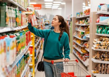 Woman with a grocery cart taking a box of juice from a top shelf in a supermarket.