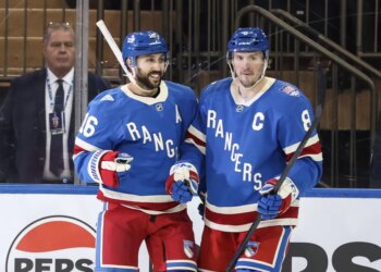 Vincent Trocheck (left), who picked up an unsportsmanlike penalty earlier in the game, was all smiles after celebrating his goal with J.T. Miller during the third period of the Rangers' 5-2 loss to the Sabres on Jan. 8, 2025 at Madison Square Garden.