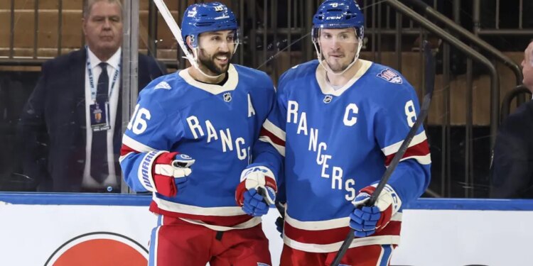 Vincent Trocheck (left), who picked up an unsportsmanlike penalty earlier in the game, was all smiles after celebrating his goal with J.T. Miller during the third period of the Rangers' 5-2 loss to the Sabres on Jan. 8, 2025 at Madison Square Garden.