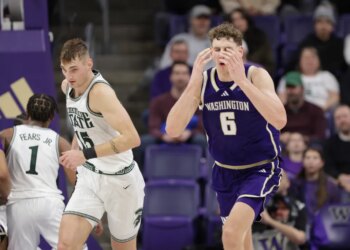 Washington forward Hannes Steinbach (6) reacts after missing a shot as Michigan State center Carson Cooper (15) heads up court.