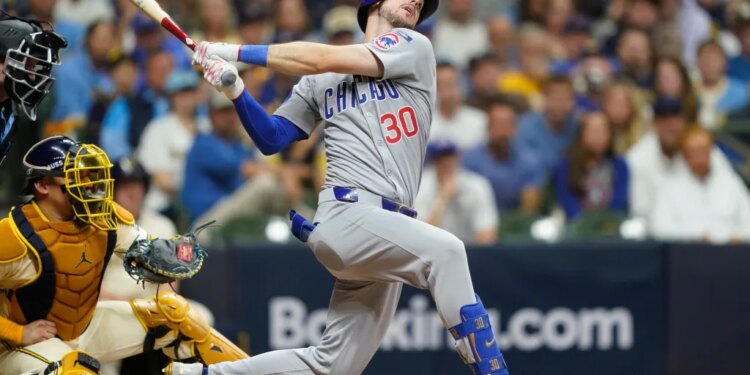 Chicago Cubs' Kyle Tucker (30) strikes out during the fifth inning of Game 2 of baseball's National League Division Series against the Milwaukee Brewers Monday, Oct. 6, 2025, in Milwaukee.
