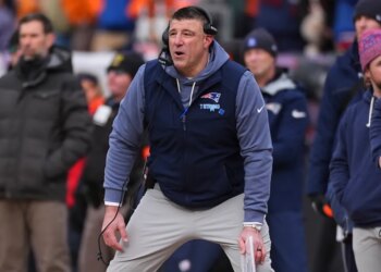 New England Patriots head coach Mike Vrabel watches during the first half of the AFC Championship game against the Denver Broncos on Sunday, January 25, 2026, in Denver.