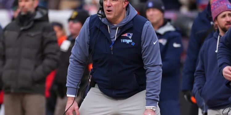 New England Patriots head coach Mike Vrabel watches during the first half of the AFC Championship game against the Denver Broncos on Sunday, January 25, 2026, in Denver.
