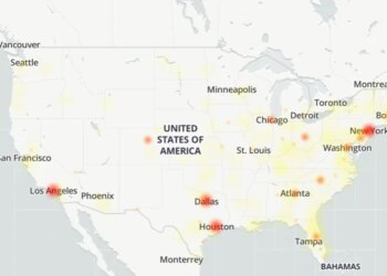 Map of X (Twitter) outage and reported problems in the United States, showing concentrations in major cities.