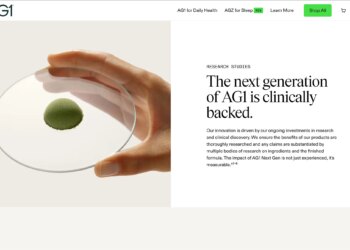 Screenshot of AG1’s research page that says “The next generation of AG1 is clinically backed” with a picture of someone’s hand holding a disc resembling a petri dish with a mound of green powder in the center.
