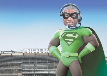 Illustration of a superhero with a man's head and a Sony headset, standing in front of MetLife Stadium.