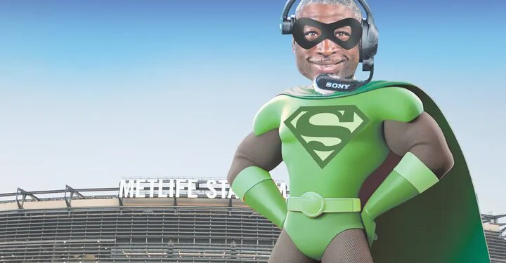 Illustration of a superhero with a man's head and a Sony headset, standing in front of MetLife Stadium.