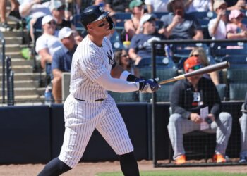 Aaron Judge belts a homer in the third inning, the first of his two long balls in the Yankees' 20-3 spring training blowout win over the Tigers on Feb. 21, 2026.