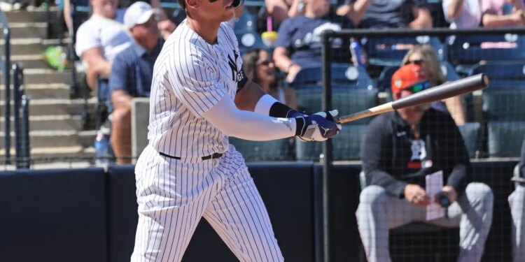 Aaron Judge belts a homer in the third inning, the first of his two long balls in the Yankees' 20-3 spring training blowout win over the Tigers on Feb. 21, 2026.