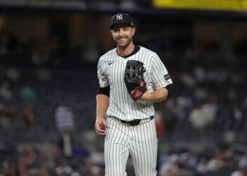 New York Yankees Austin Slater #29 smiling after pitching in the 9th inning.